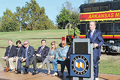 Dave Geraci of Genesee & Wyoming Railroad spoke at the ceremony celebrating the return of rail service to Phillips County, Ark., and Helena Harbor. 