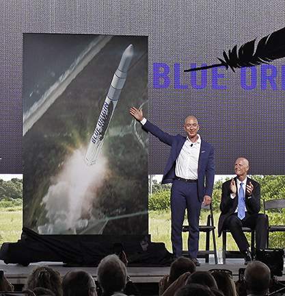 For years, Florida was where NASA launched rockets and the shuttle, but today, much of the manufacturing for the space industry is also being done in the state. Pictured is Blue Origin’s Jeff Bezos and Florida Gov. Rick Scott. 