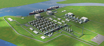 The Federal Energy Regulatory Commission has approved the Venture Global LNG export facility in Calcasieu Pass near Lake Charles, La. Shown here is an artist’s rendering of the facility.