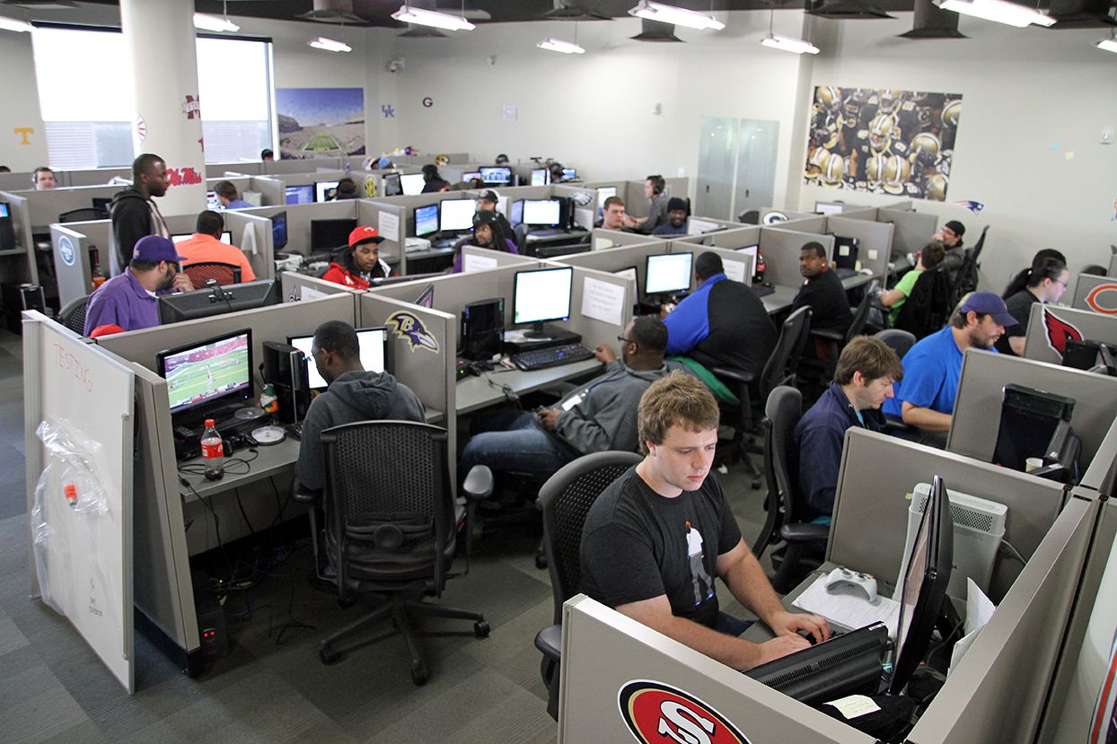 South Louisiana is rapidly boosting the presence of next-generation industries. In this photo, EA employees test sports games at the company’s North American Test Center on the LSU campus. The EA center is housed in the Louisiana Digital Media Center.