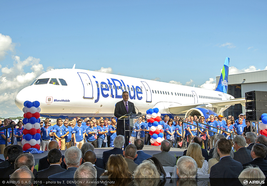 JetBlue CEO Robin Hayes took delivery of the first Airbus aircraft made in Mobile, Ala., in front of a crowd of business and community leaders. The airline named it BluesMobile in honor of its origin. 
