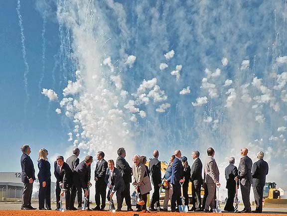 Fireworks erupt at a groundbreaking ceremony in Mobile, Ala., for Airbus’ new A220 assembly line, now under construction. Image courtesy of Alabama Governor’s Office