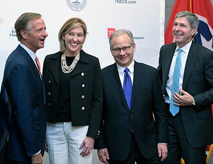Tennessee Gov. Bill Haslam, Amazon’s Holly Sullivan, Nashville Mayor David Briley and Tennessee Economic Development Commissioner Bob Rolfe gathered for a news conference on Nov. 13, 2018, to announce that Amazon will locate a new operations hub in Nashville. The project — 5,000 jobs and a $230 million investment — is the largest single deal ever announced in Tennessee.