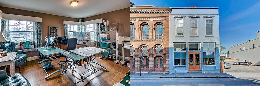 The pandemic has obviously had a tremendous impact on commercial real estate. An alternative to empty offices? Some developers are getting creative . . .turning once commercial property into live/work spaces like this condo in Asheboro, N.C. (left photo) and a building in downtown Charleston, S.C., where the second story has been remodeled as a deluxe apartment (right photo).