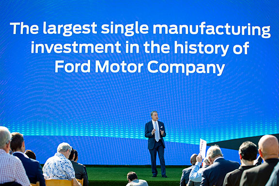 Ford plans to make the largest ever U.S. investment in electric vehicles at one time by any automotive manufacturer and, together with its partner SK Innovation, plans to invest $11.4 billion and create nearly 11,000 new jobs at the Tennessee and Kentucky mega-sites. Executive Chair Bill Ford is pictured.