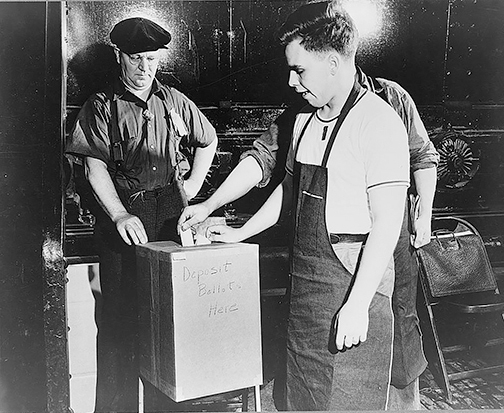 In 1941, workers cast their votes in the National Labor Relations Board election for union representation at the River Rouge Ford plant in Dearborn, Mich.