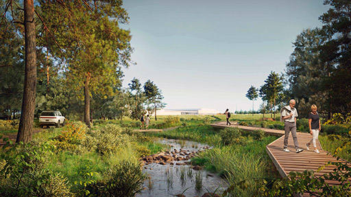 Rivian’s future manufacturing campus on 1,800 acres near Rutledge, Ga., will feature planned green spaces filled with native plants. Over 50 percent of the site’s acreage will remain unpaved.