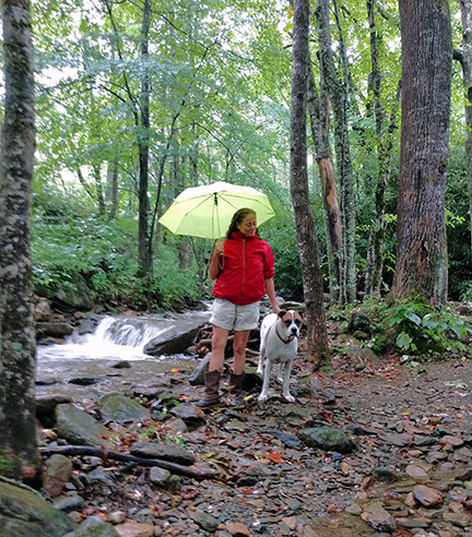 Author Shelly Jacobs and Beau take a walk along one of the many trails of North Carolina. 