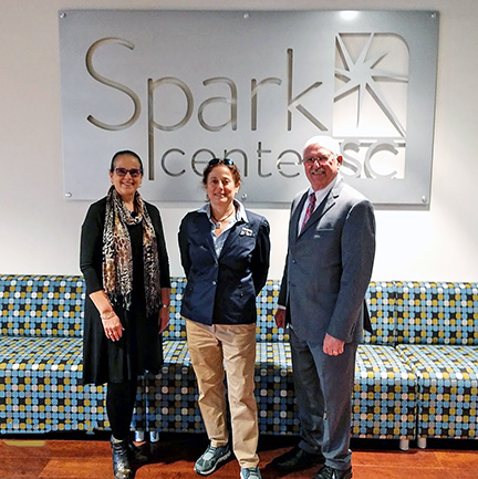 Author Shelly Jacobs (center) met with LaTokia Trigg, who is the Area Director at ReadySC (the workforce training division of the SC Tech College system), and Mike Forrester, the VP of Economic Development at Spartanburg Community College’s Spark Center, which offers a space to soften the landing for new or expanding businesses in the Spartanburg area.