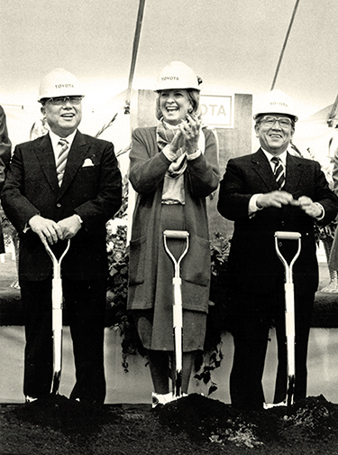 May 1986 in Georgetown, Ky., was the beginning of a facility that today (35 years later) employs 9,000 people. Pictured are (l to r) Eiji Toyoda, Kentucky Gov. Martha Layne Collins and Shoichiro Toyoda.