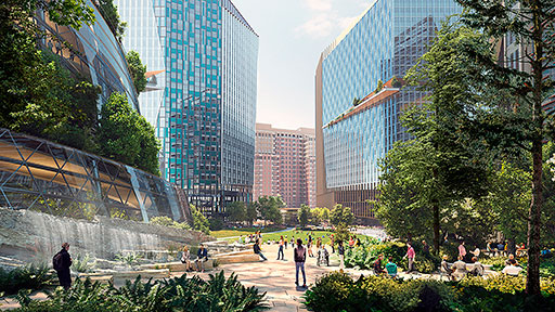 Amazon’s more than $2.5 billion investment in HQ2 and the area around Arlington, Va., will result in 25,000 Amazon jobs over the next decade, and thousands of indirect jobs across the entire region. Shown here is a rendering of the campus’ Forest Plaza.